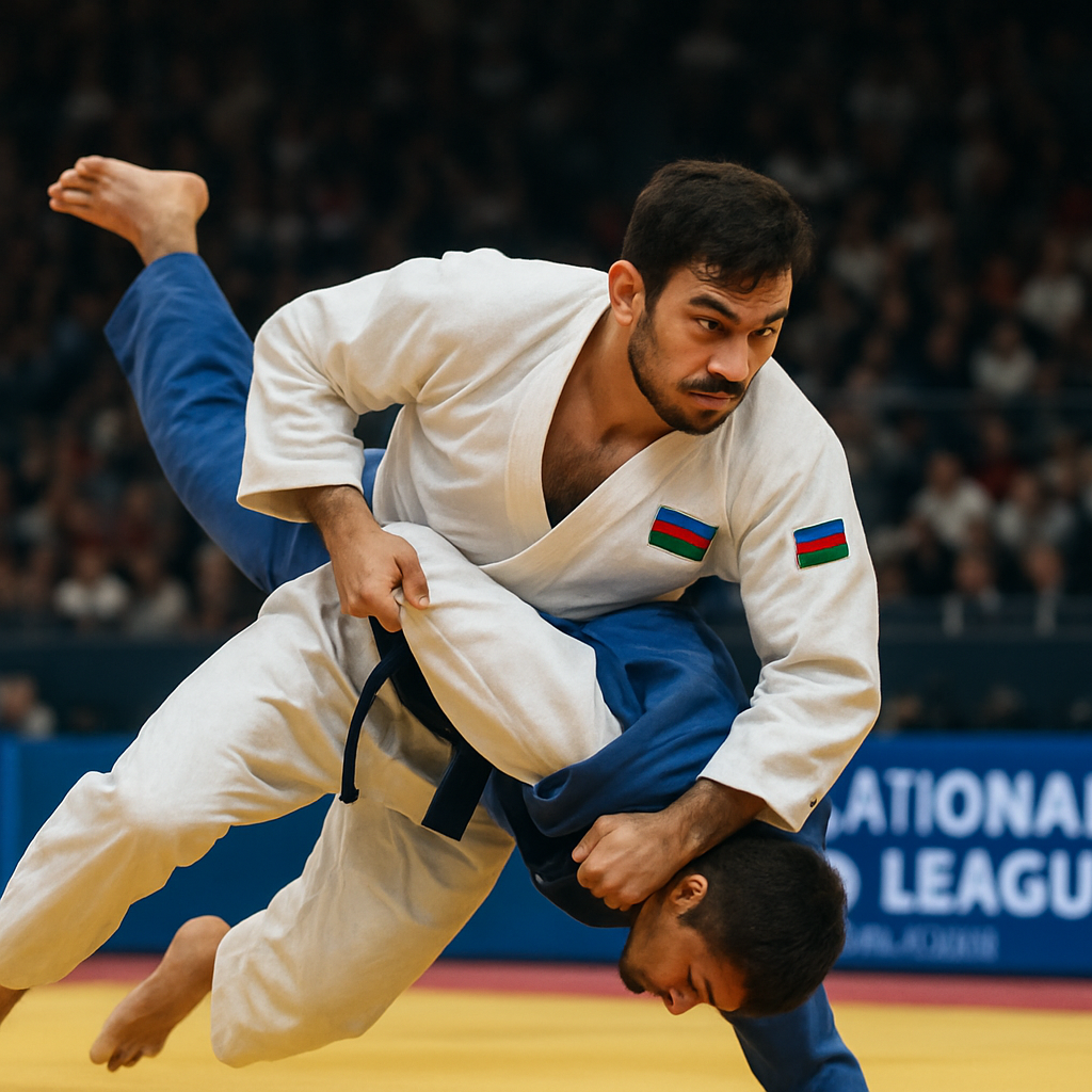 A focused judo athlete from Azerbaijan in action during an International Judo League match,