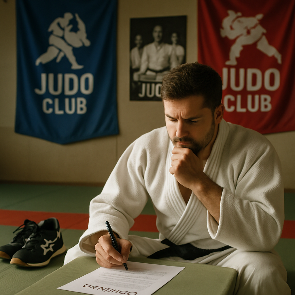 A judo athlete on a mat signing a contract, two club banners in the