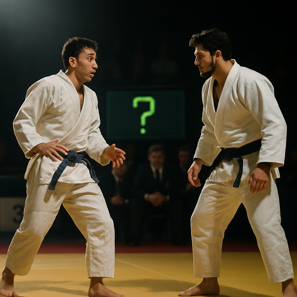 A solemn scene at a judo arena focusing on athletes amidst the tension of