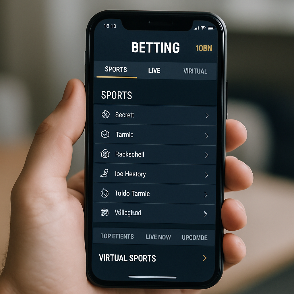 A hand holds a smartphone showing a mobile sports menu with category tabs and