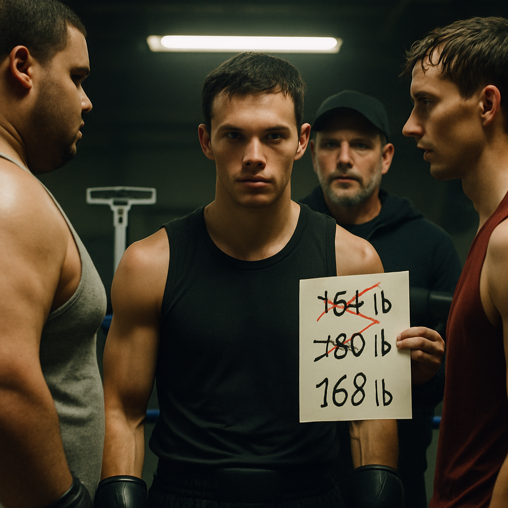 A focused boxer studies two differently built sparring partners in a gym, suggesting how
