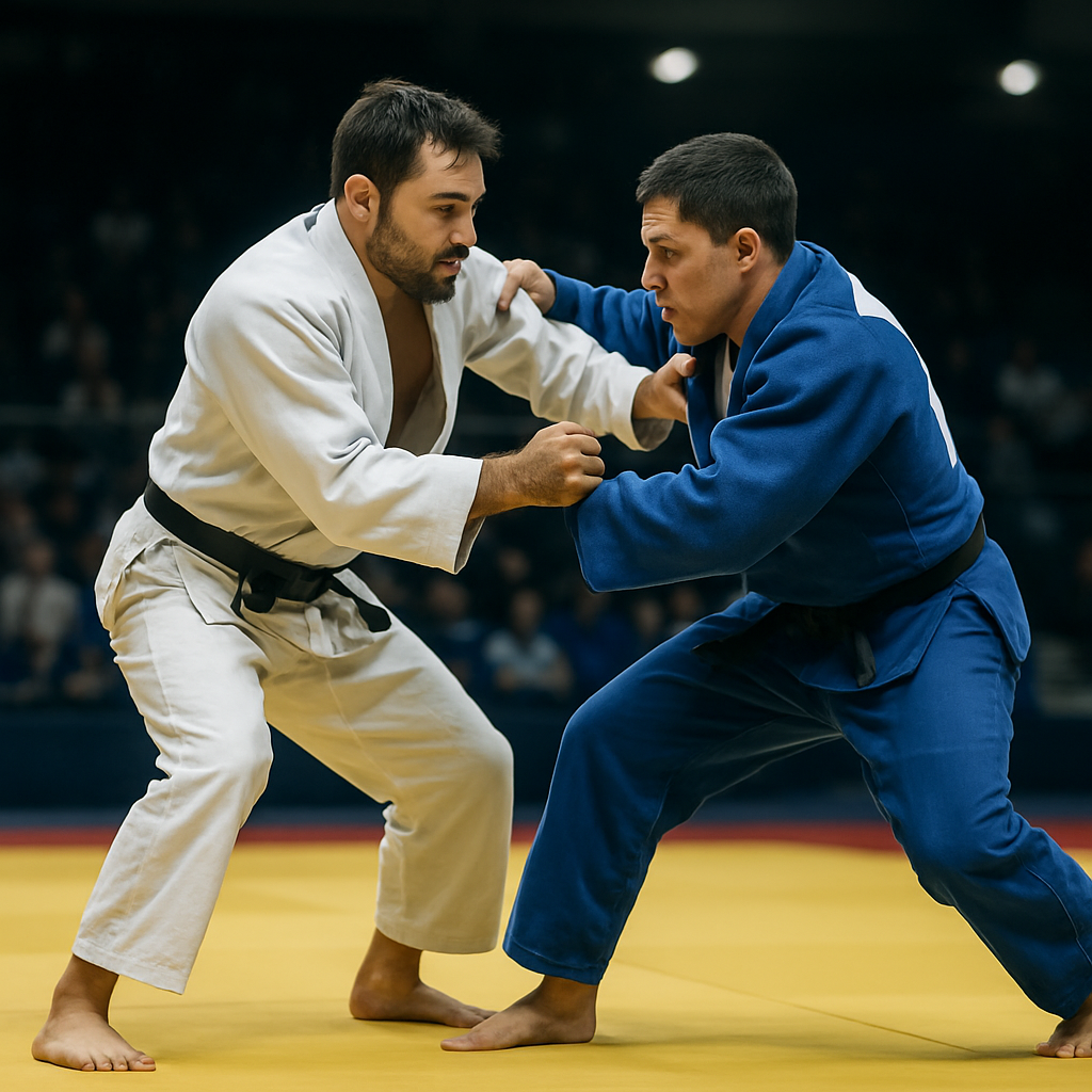 Two judoka battle for grips as one prepares a precise attack in a tense