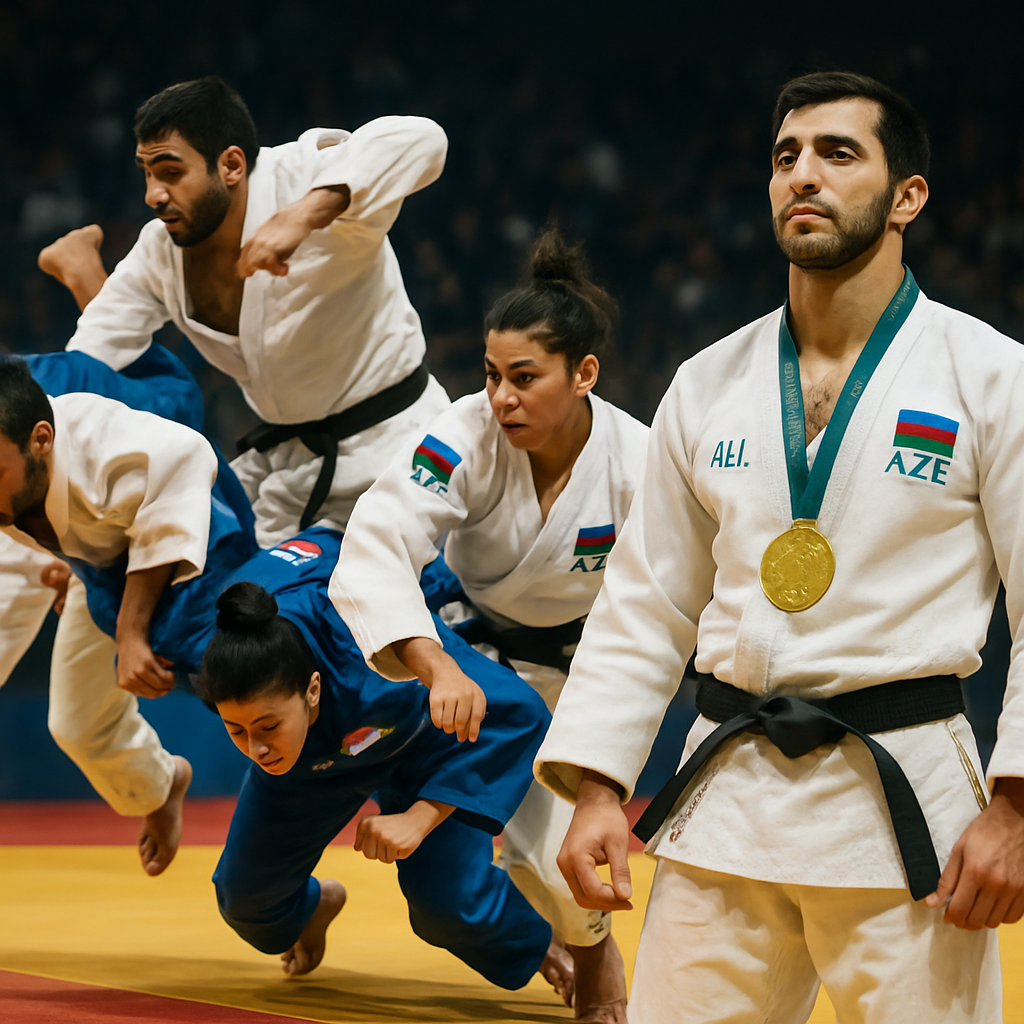 A vibrant close-up of an Azerbaijani judoka displaying a gold medal, with sweat and