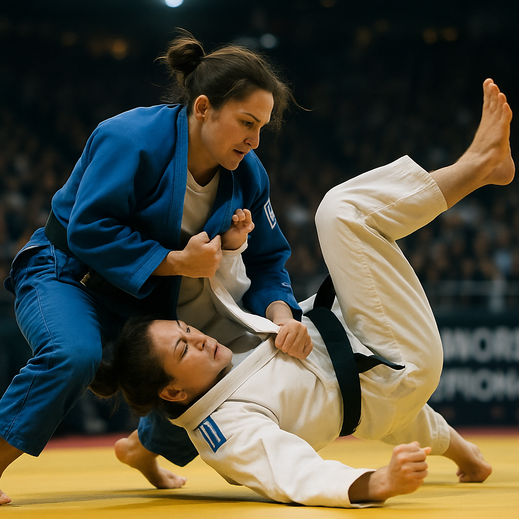 A female judo athlete executing a powerful throw in an intense championship match with
