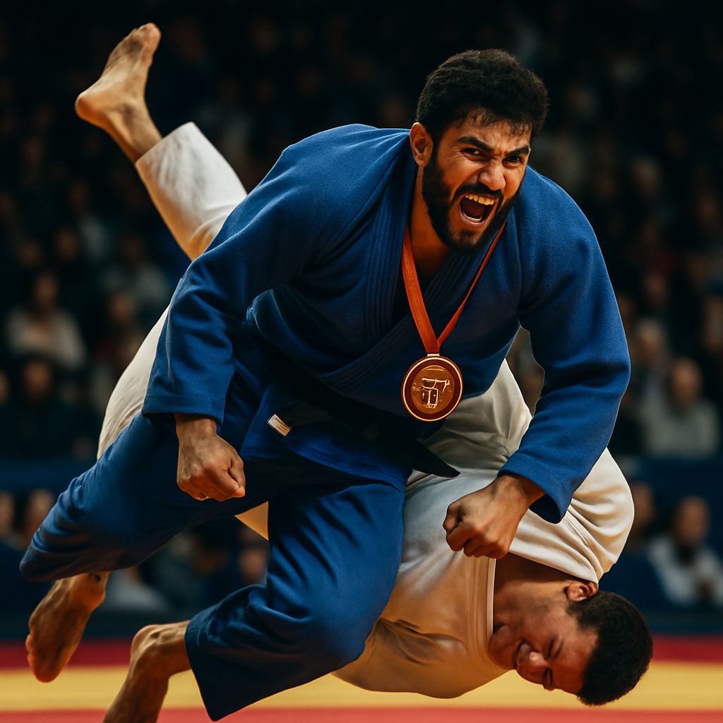 A close-up of Hekim Agamammedov celebrating with visible expressive joy, holding up his Grand
