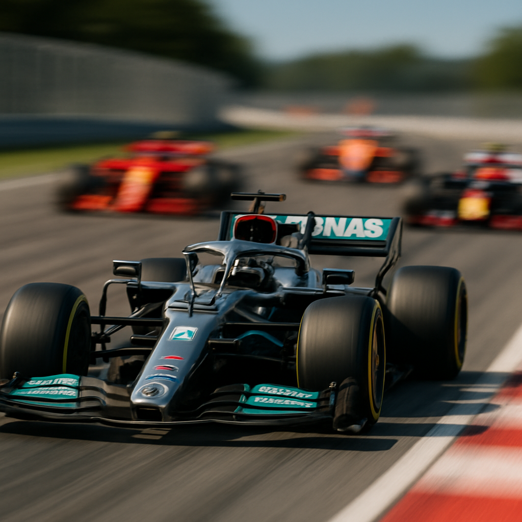 A single Mercedes Formula 1 car on the racetrack, highlighted against a blurred background