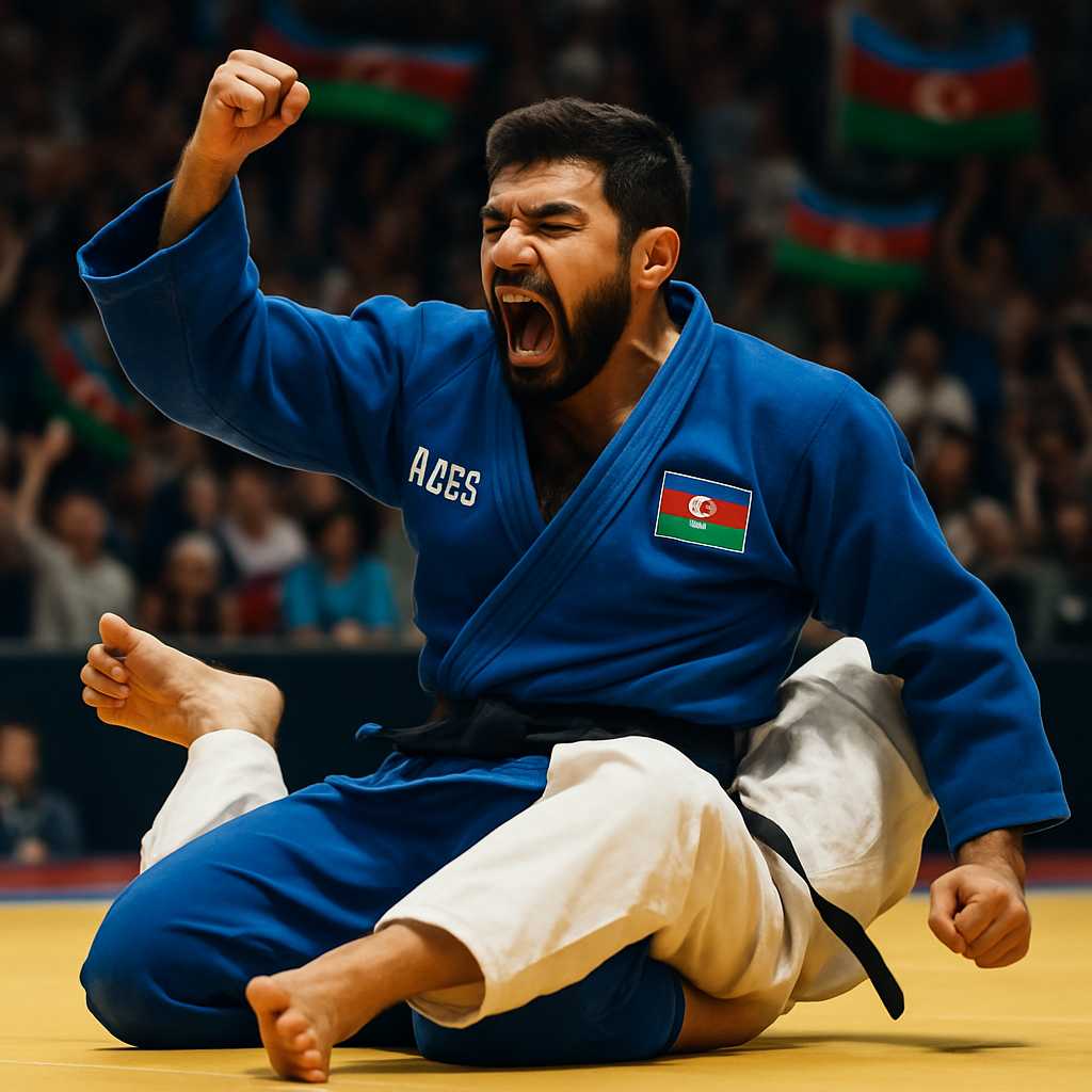 An Azerbaijani para-judo athlete in a dynamic pose, executing a throw during a competition,