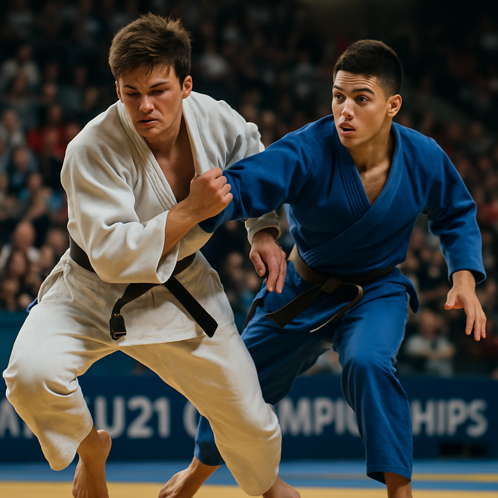 An energetic and determined young judo athlete executing a move in the midst of