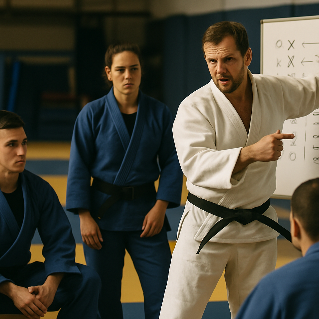Judo coach instructing athletes on tactical strategies in a dojo.
