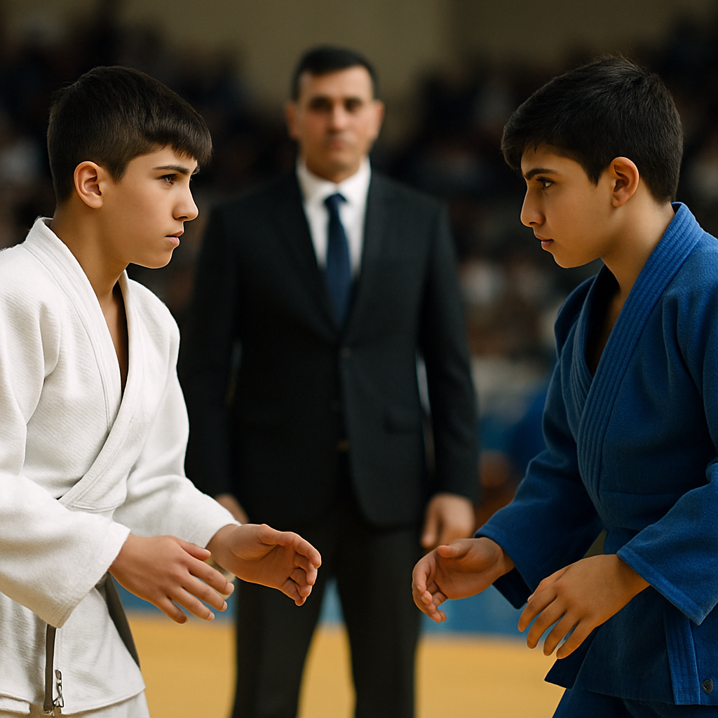 Two young judoka face each other on the tatami at a youth judo tournament