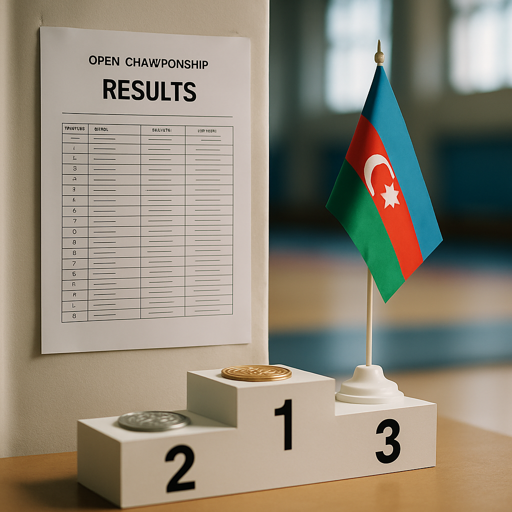 Gold, silver, and bronze medals beside a generic official results sheet at an Azerbaijani